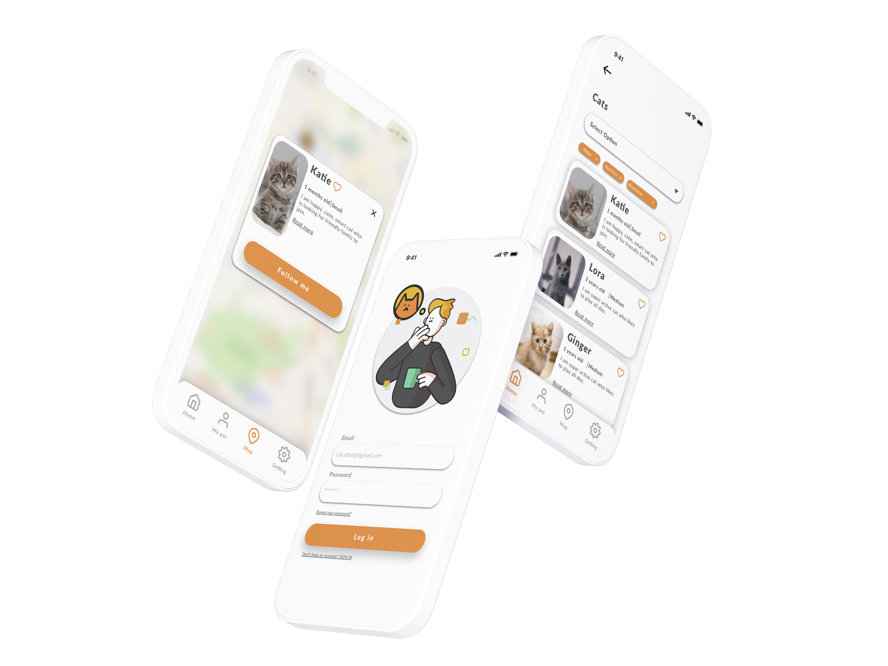 Cat Me — Onboarding, profile and cat list screens